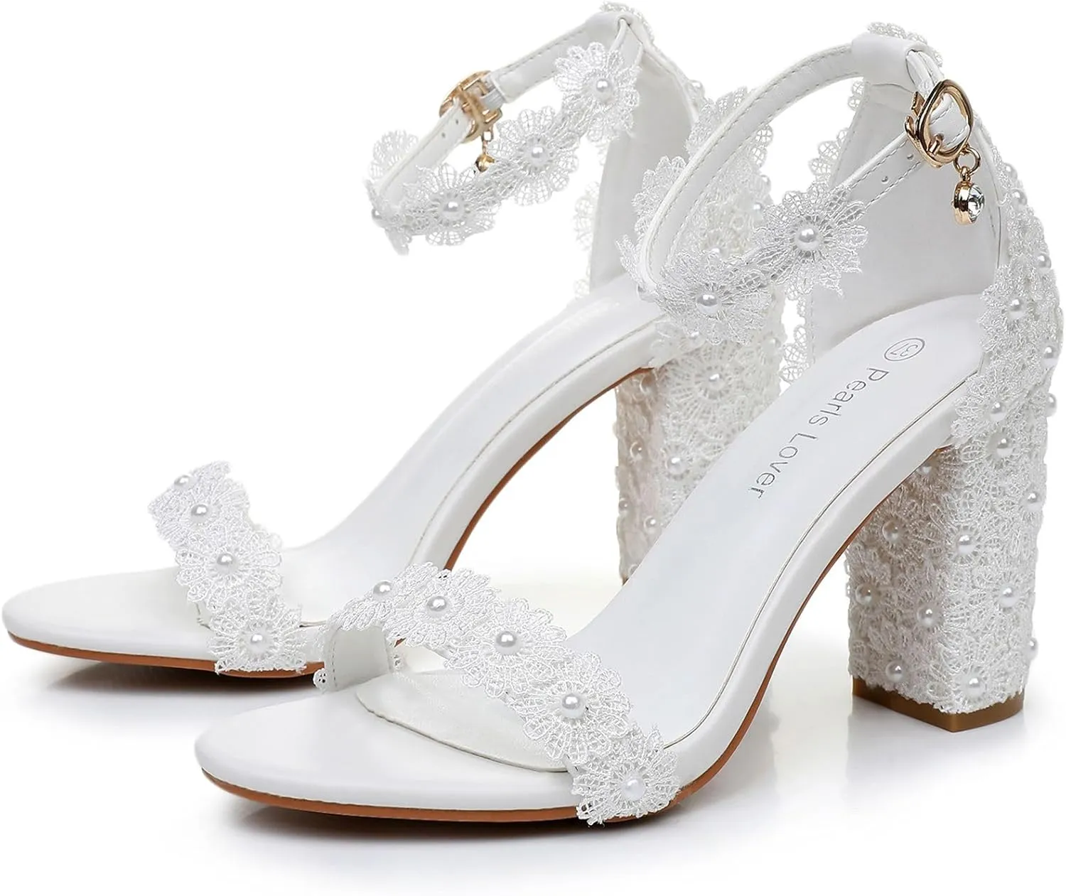 3.75 Inches White Womens Heeled Sandals Open Toe Lace Elegant Simple Wedding Party Bridal Shoes Block Heel Ankle Strap Sandals