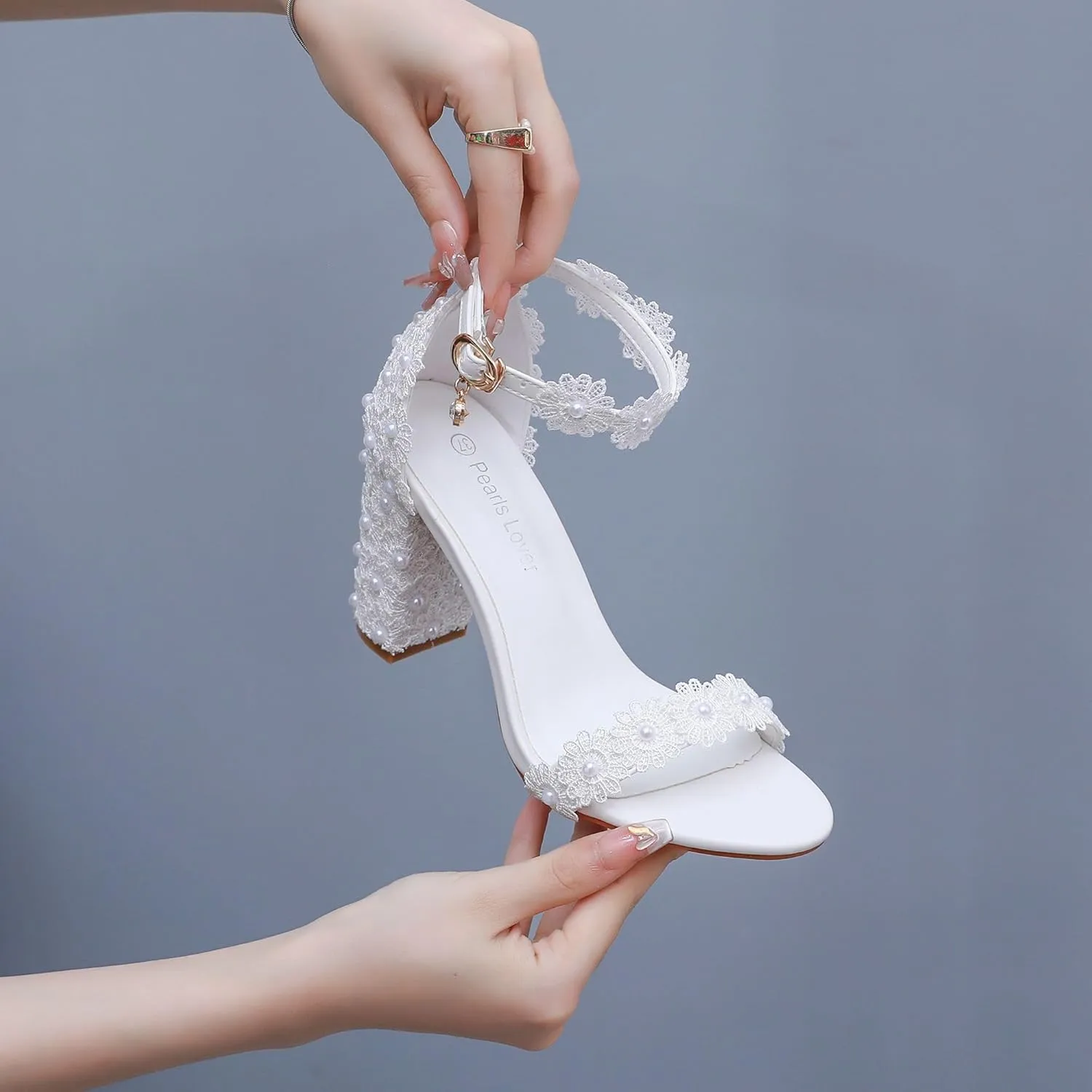 3.75 Inches White Womens Heeled Sandals Open Toe Lace Elegant Simple Wedding Party Bridal Shoes Block Heel Ankle Strap Sandals