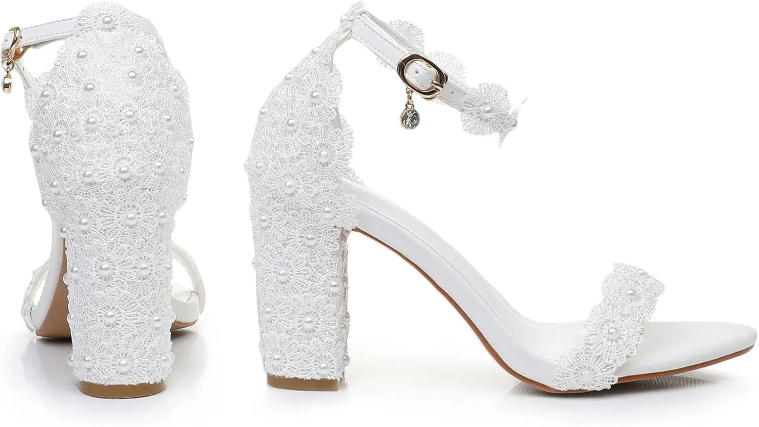 3.75 Inches White Womens Heeled Sandals Open Toe Lace Elegant Simple Wedding Party Bridal Shoes Block Heel Ankle Strap Sandals