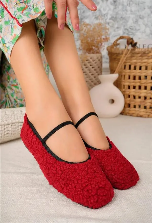 aymood yeni sezon peluş lastik detayli düz taban kadin babet panduf ev ayakkabisi