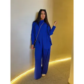 Blue High neck ribbed matching set