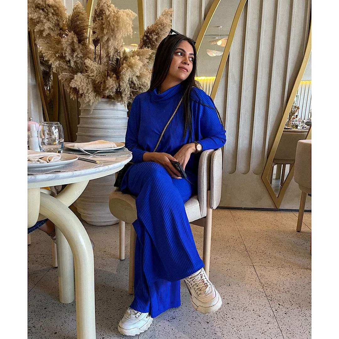 Blue High neck ribbed matching set