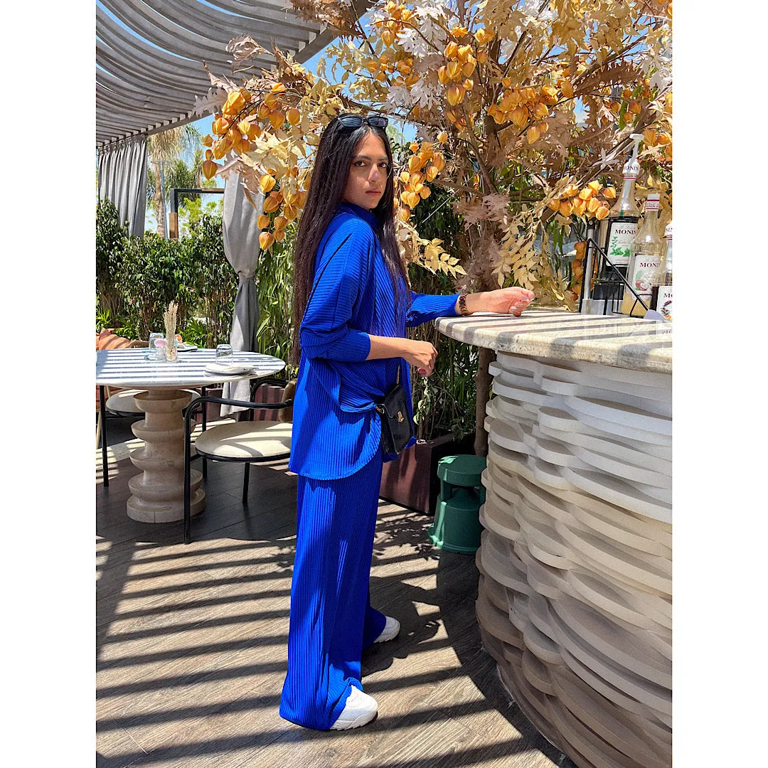 Blue High neck ribbed matching set