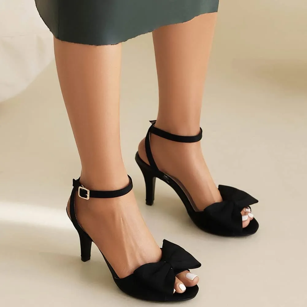 Bow Knot Stiletto Heel Sandals Open Toe Ankle Strap Bridal Shoes Elegant Tie Knot Heeled Sandals