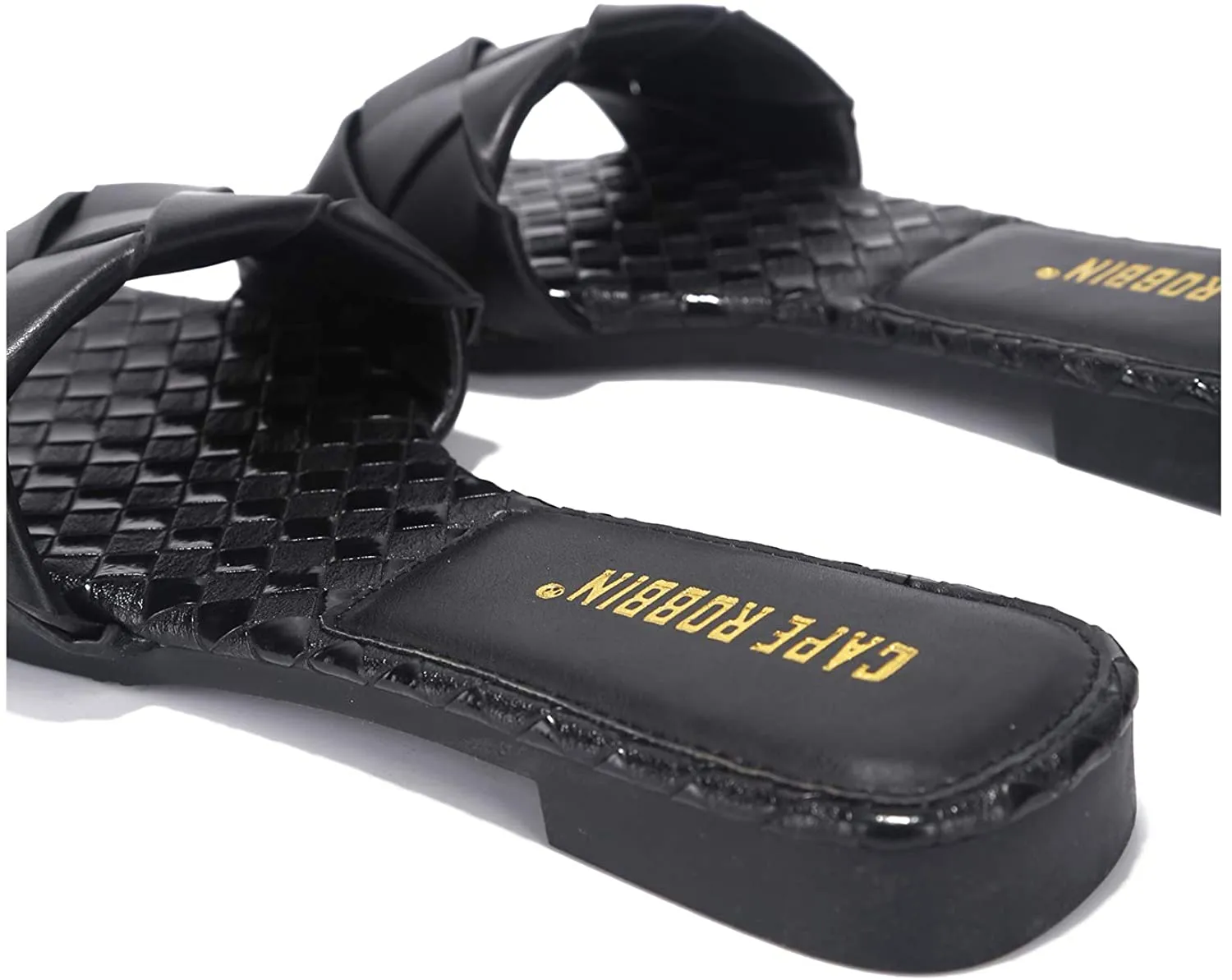 Cape Robbin Deja Woven Mules Slip On Flat Squared Open Toe Slides Sandals Black