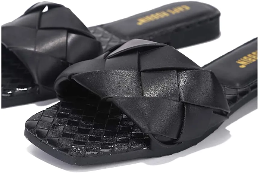 Cape Robbin Deja Woven Mules Slip On Flat Squared Open Toe Slides Sandals Black