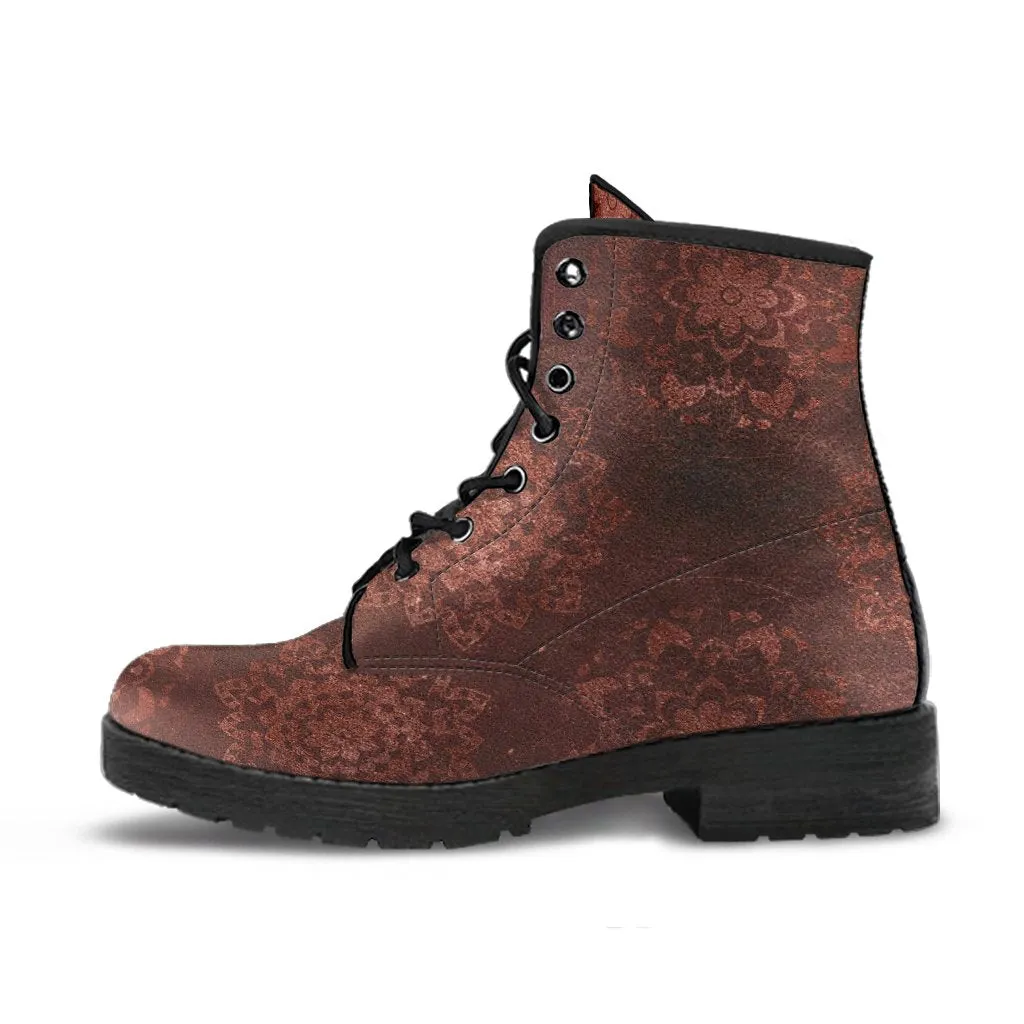 Combat Boots - Rugged Look Brown Mandala Boots | Brown Lace Up Boots Women, Handmade Lace Up Boots, Cool Shoes, Custom Shoes, Vegan Shoes