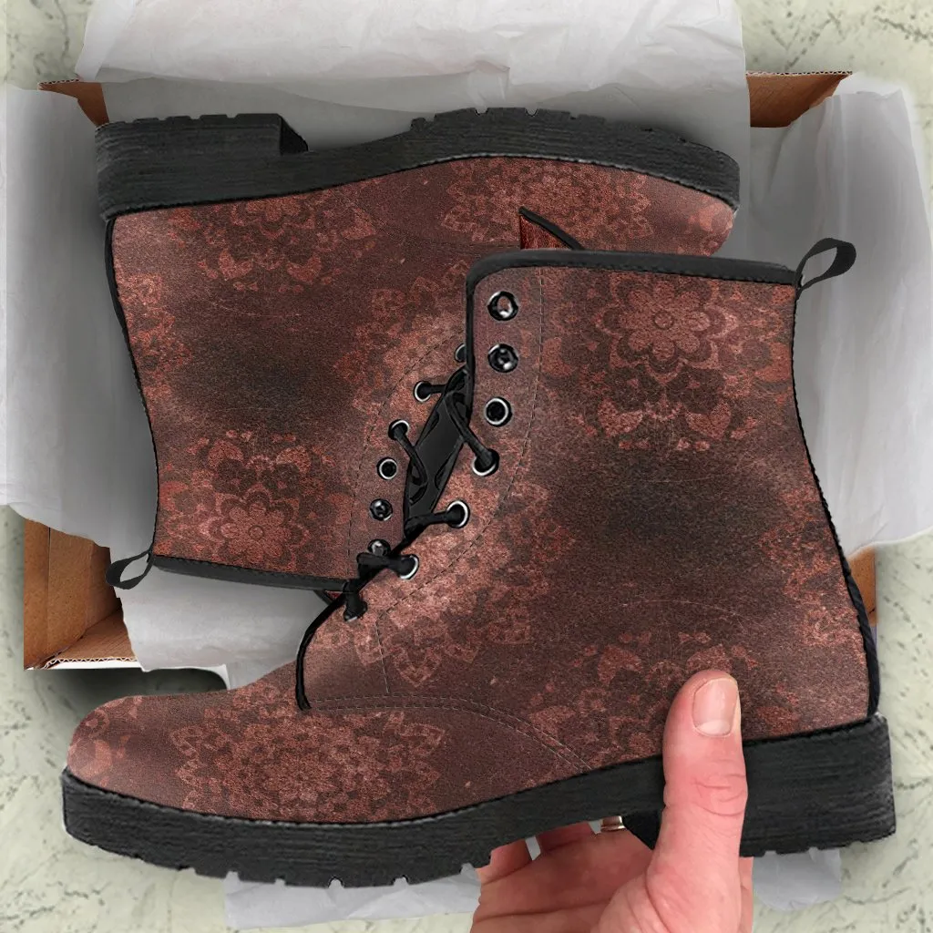 Combat Boots - Rugged Look Brown Mandala Boots | Brown Lace Up Boots Women, Handmade Lace Up Boots, Cool Shoes, Custom Shoes, Vegan Shoes