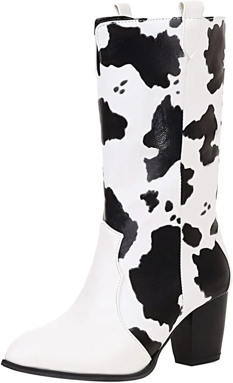 Cow Print Boots for Women - Fashion Pointed Toe Cutout Slip-on Chunky High Heel Mid Calf Boots Casual Trendy Colorblock Thick-heel Leather Shoes