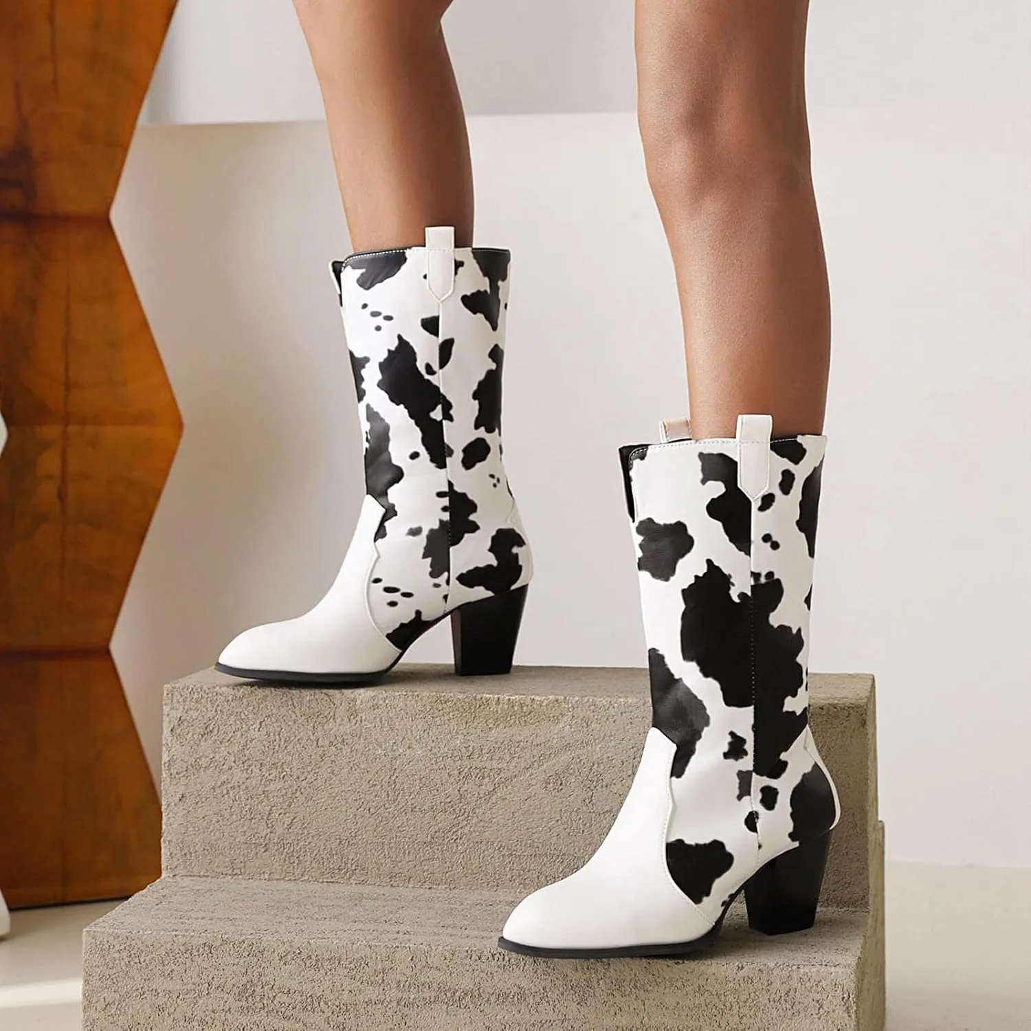 Cow Print Boots for Women - Fashion Pointed Toe Cutout Slip-on Chunky High Heel Mid Calf Boots Casual Trendy Colorblock Thick-heel Leather Shoes