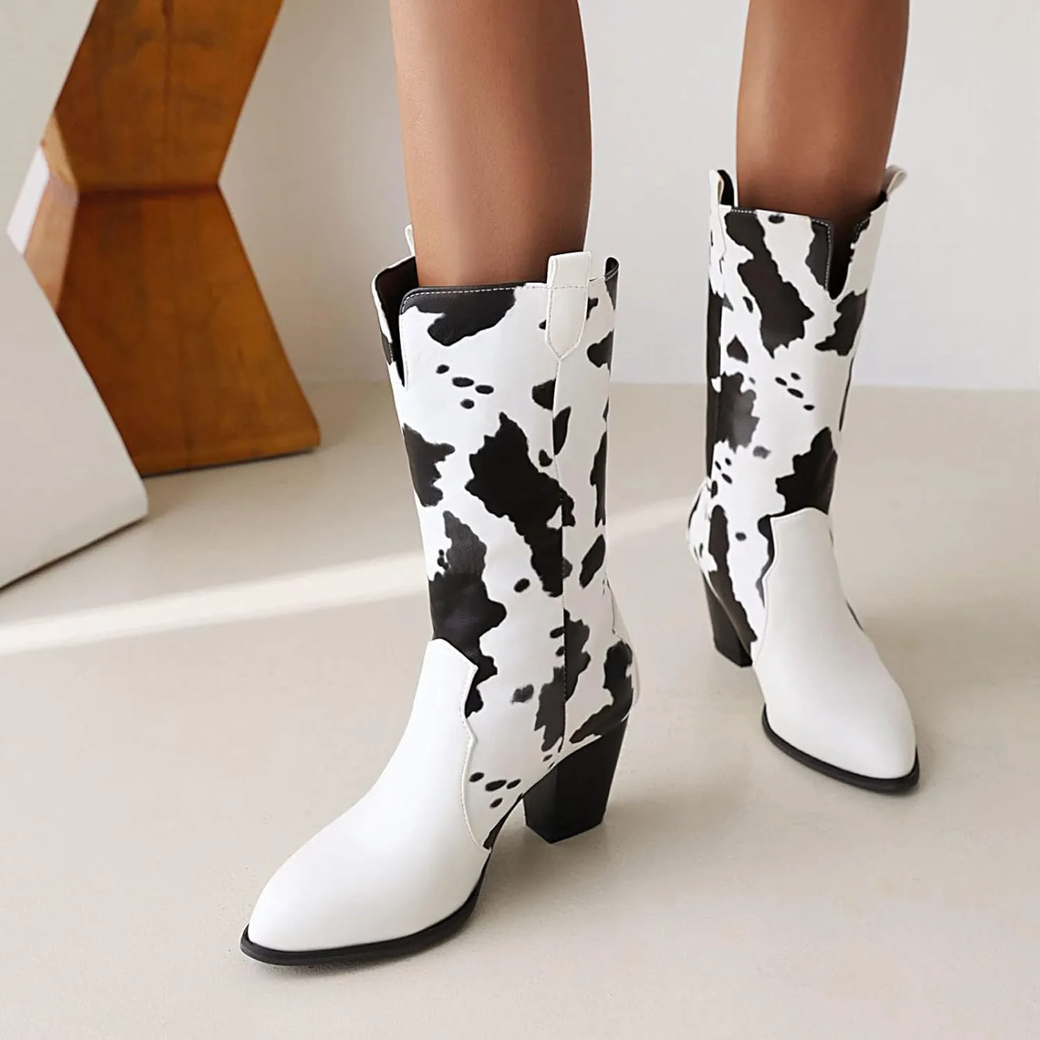 Cow Print Boots for Women - Fashion Pointed Toe Cutout Slip-on Chunky High Heel Mid Calf Boots Casual Trendy Colorblock Thick-heel Leather Shoes