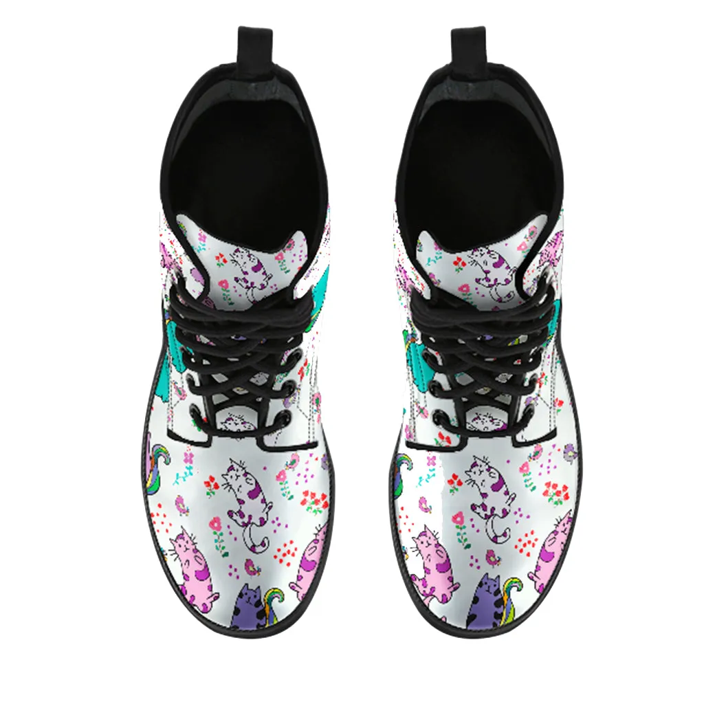 Cute Cat Women's Vegan Leather Combat Boots