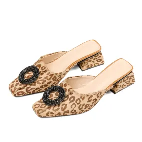 Diane Leopard Print Handmade Low Chunky Heel Mules