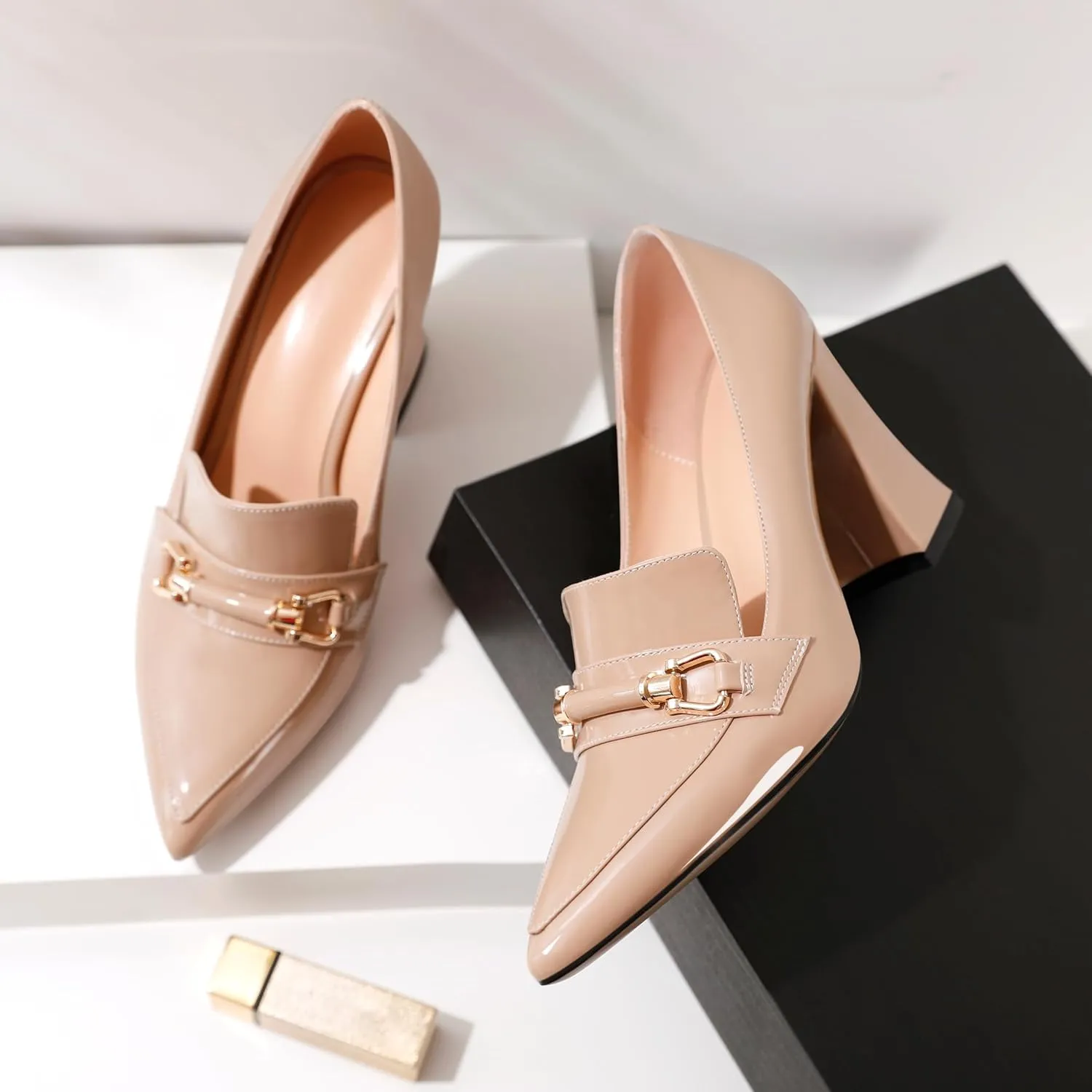 Esvowido Women's Chunky Heel Loafers Closed Pointed Toe Metal Buckle Slip On High Heels Elegant Comfort Fashion Shoes