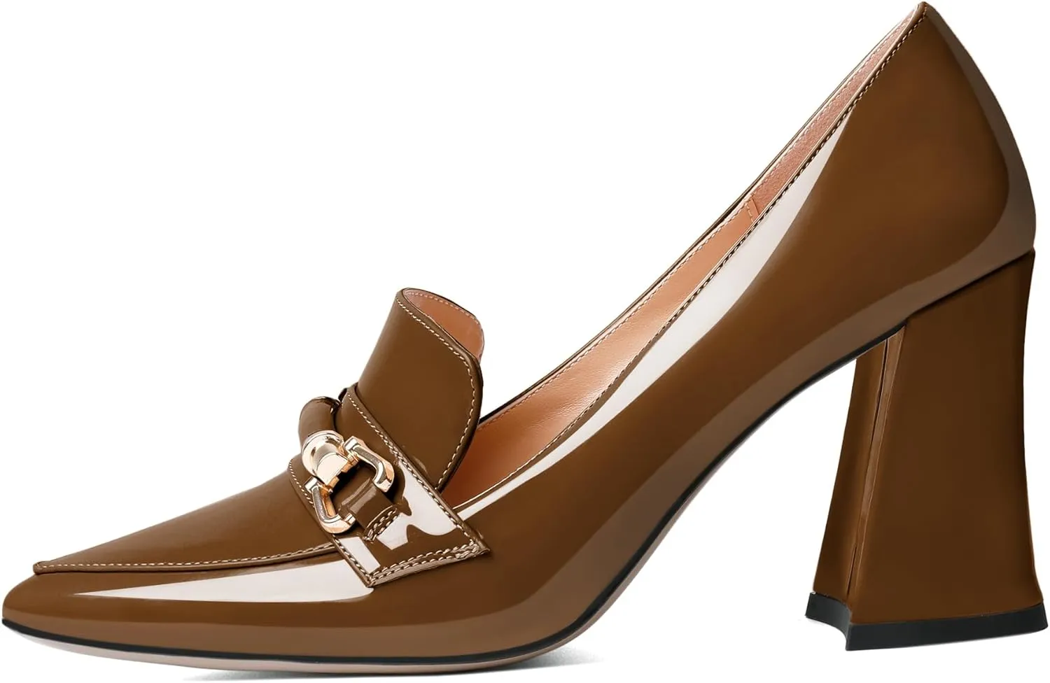 Esvowido Women's Chunky Heel Loafers Closed Pointed Toe Metal Buckle Slip On High Heels Elegant Comfort Fashion Shoes