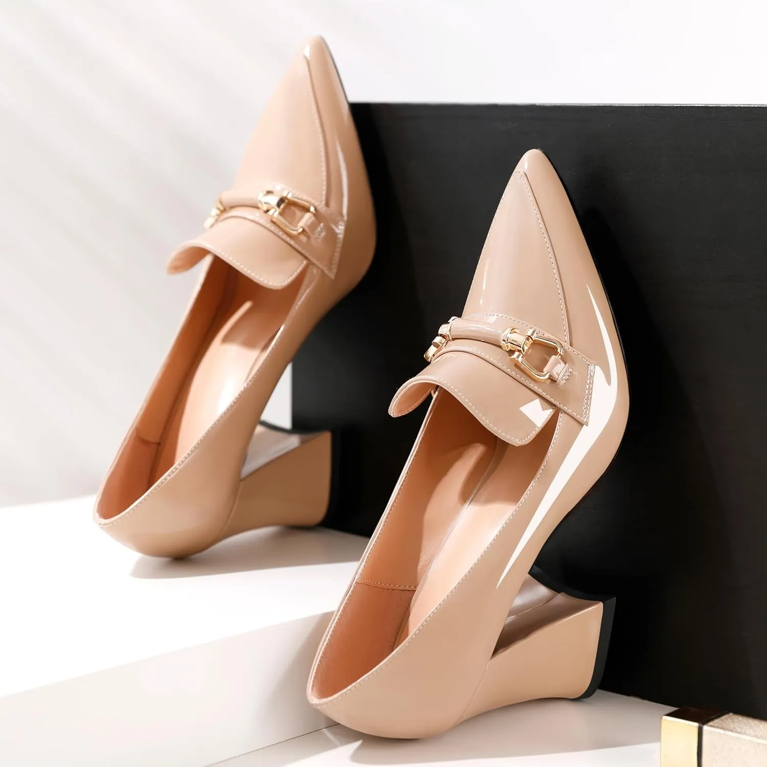Esvowido Women's Chunky Heel Loafers Closed Pointed Toe Metal Buckle Slip On High Heels Elegant Comfort Fashion Shoes