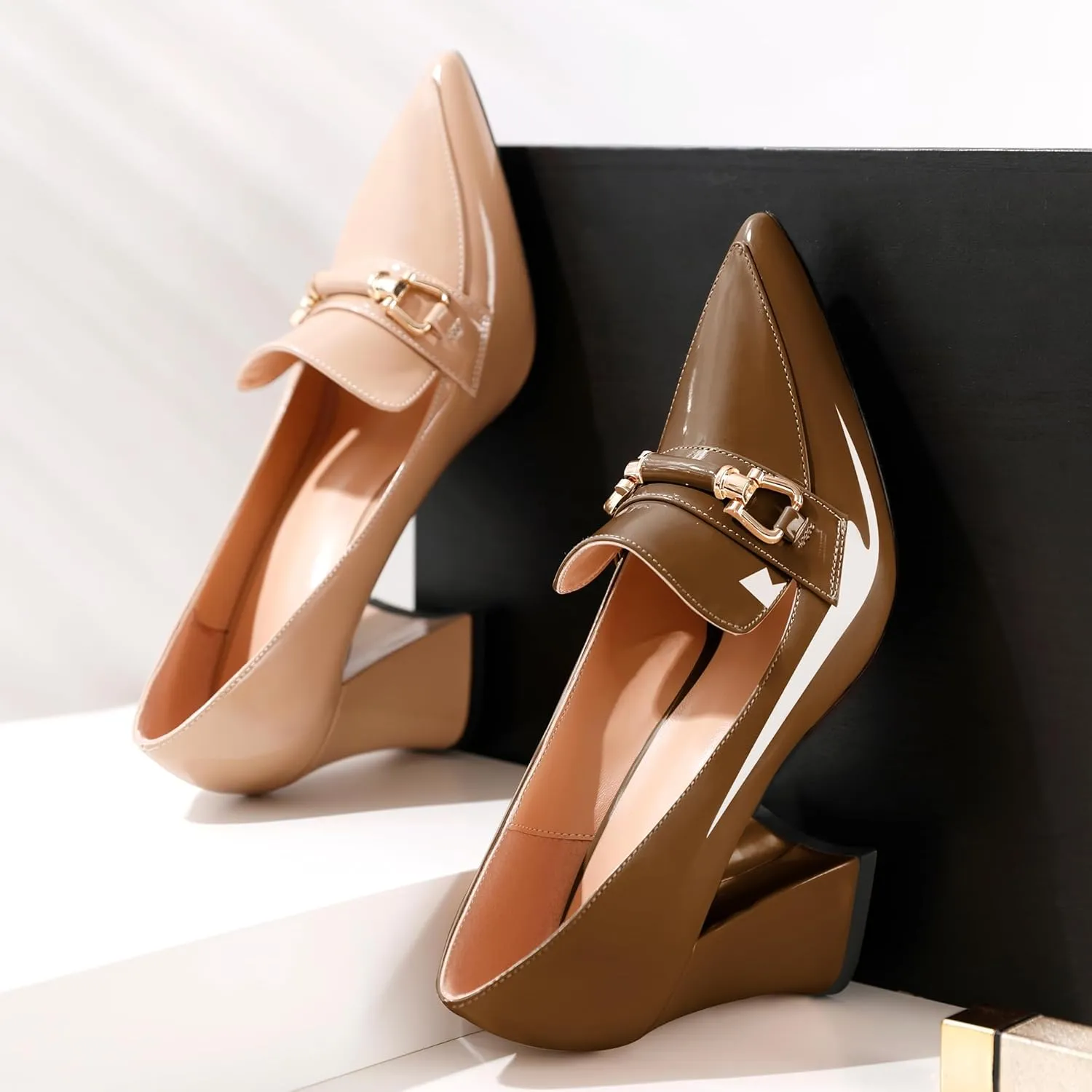 Esvowido Women's Chunky Heel Loafers Closed Pointed Toe Metal Buckle Slip On High Heels Elegant Comfort Fashion Shoes