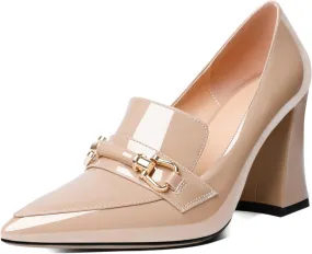 Esvowido Women's Chunky Heel Loafers Closed Pointed Toe Metal Buckle Slip On High Heels Elegant Comfort Fashion Shoes