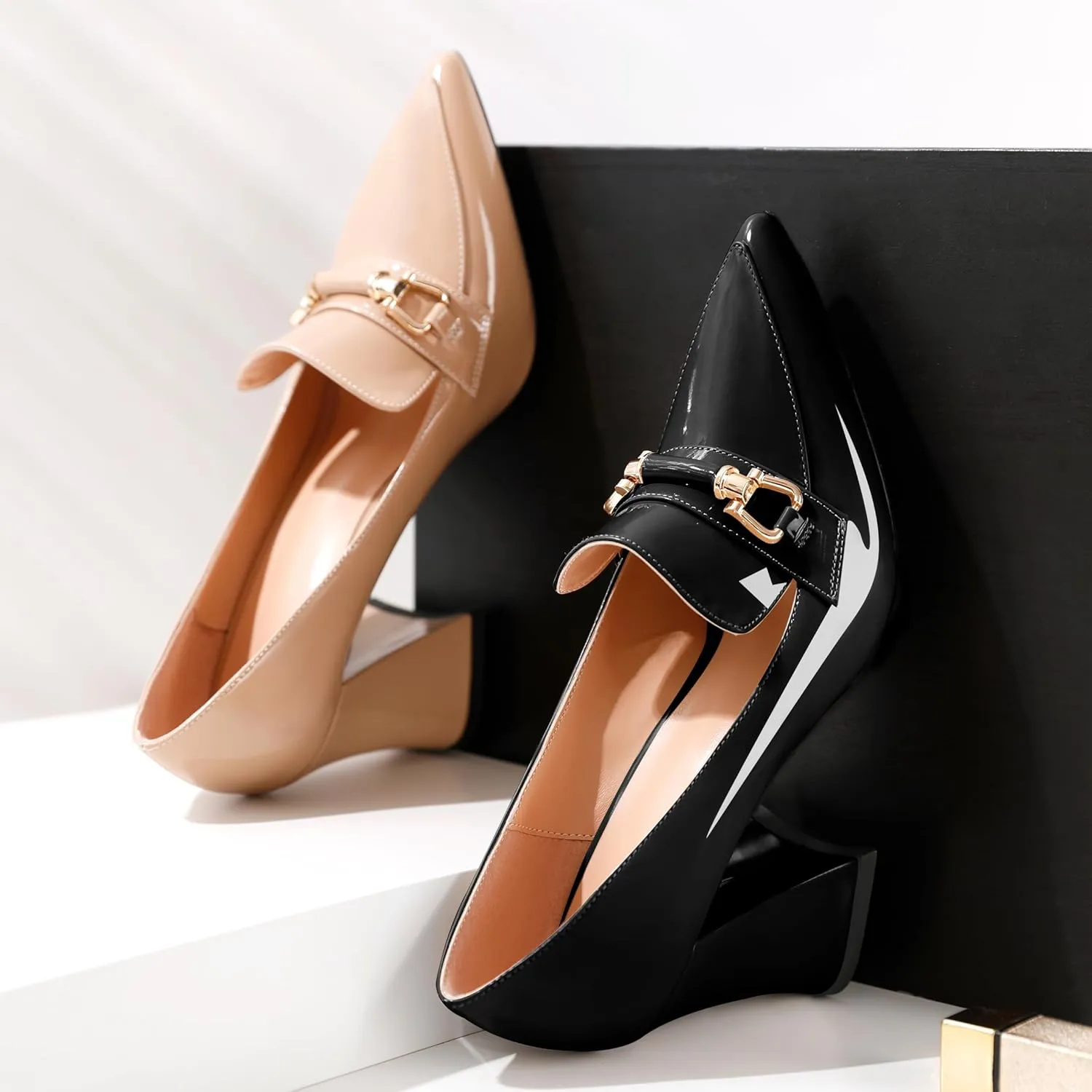 Esvowido Women's Chunky Heel Loafers Closed Pointed Toe Metal Buckle Slip On High Heels Elegant Comfort Fashion Shoes