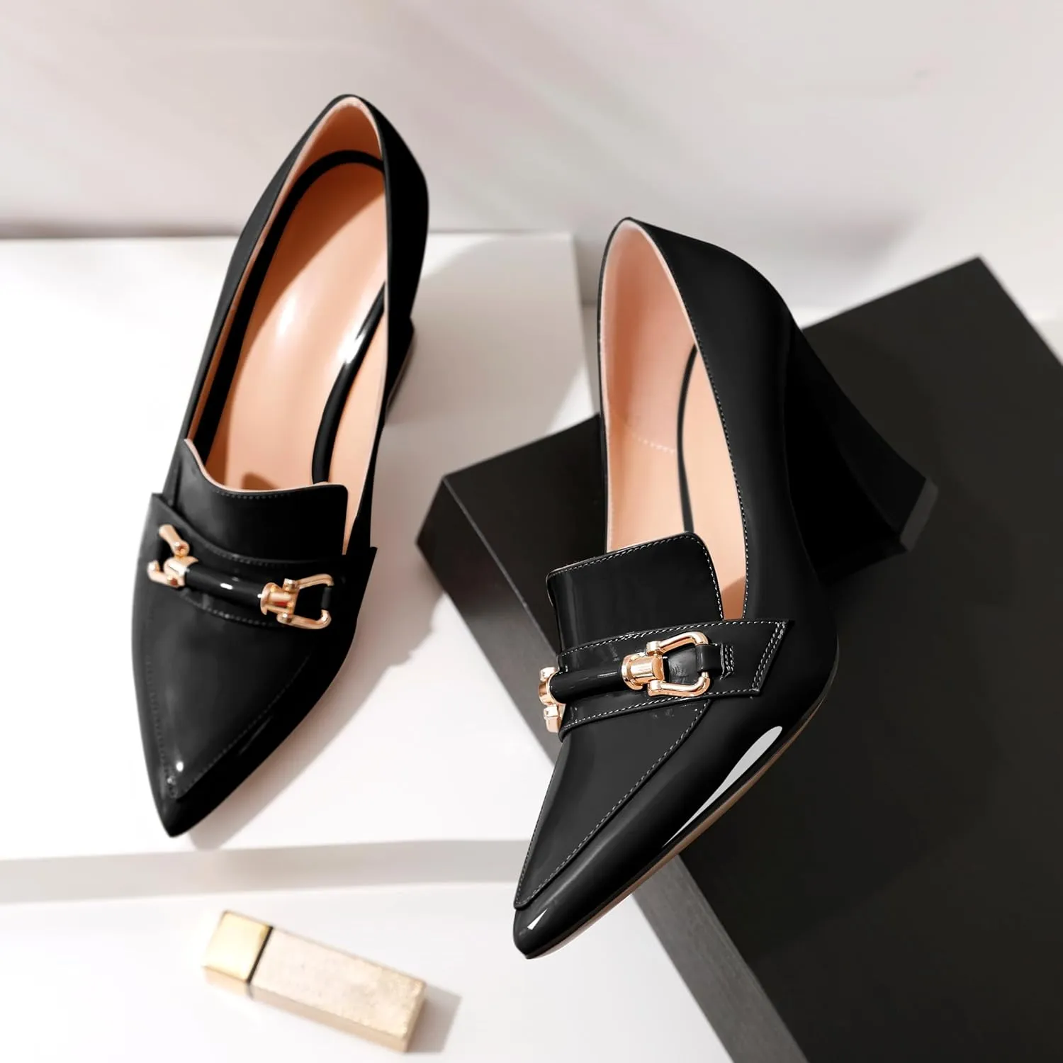 Esvowido Women's Chunky Heel Loafers Closed Pointed Toe Metal Buckle Slip On High Heels Elegant Comfort Fashion Shoes