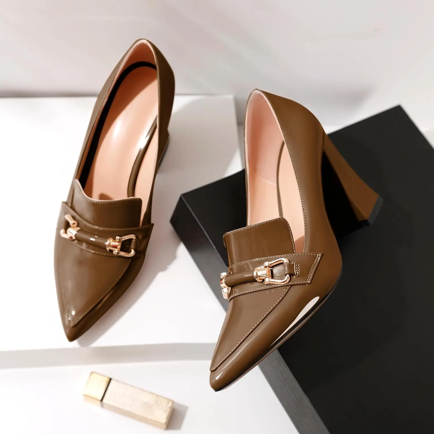 Esvowido Women's Chunky Heel Loafers Closed Pointed Toe Metal Buckle Slip On High Heels Elegant Comfort Fashion Shoes