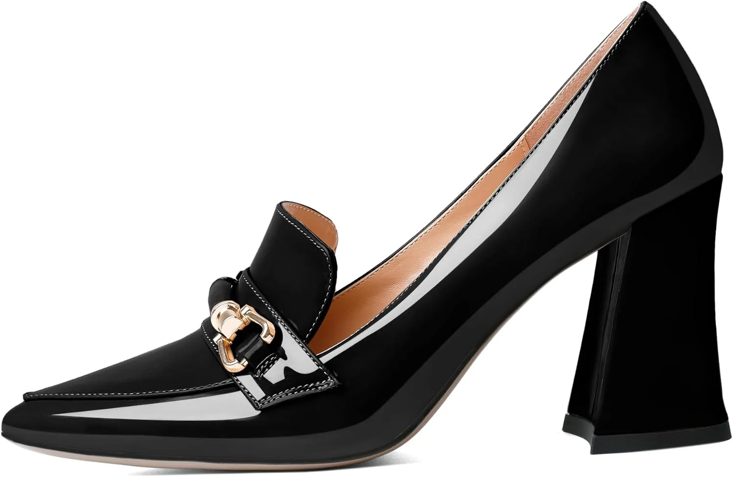 Esvowido Women's Chunky Heel Loafers Closed Pointed Toe Metal Buckle Slip On High Heels Elegant Comfort Fashion Shoes