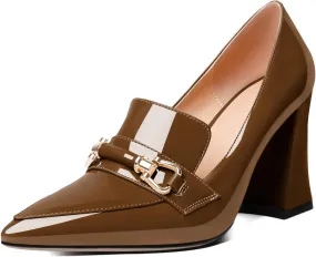 Esvowido Women's Chunky Heel Loafers Closed Pointed Toe Metal Buckle Slip On High Heels Elegant Comfort Fashion Shoes