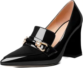 Esvowido Women's Chunky Heel Loafers Closed Pointed Toe Metal Buckle Slip On High Heels Elegant Comfort Fashion Shoes