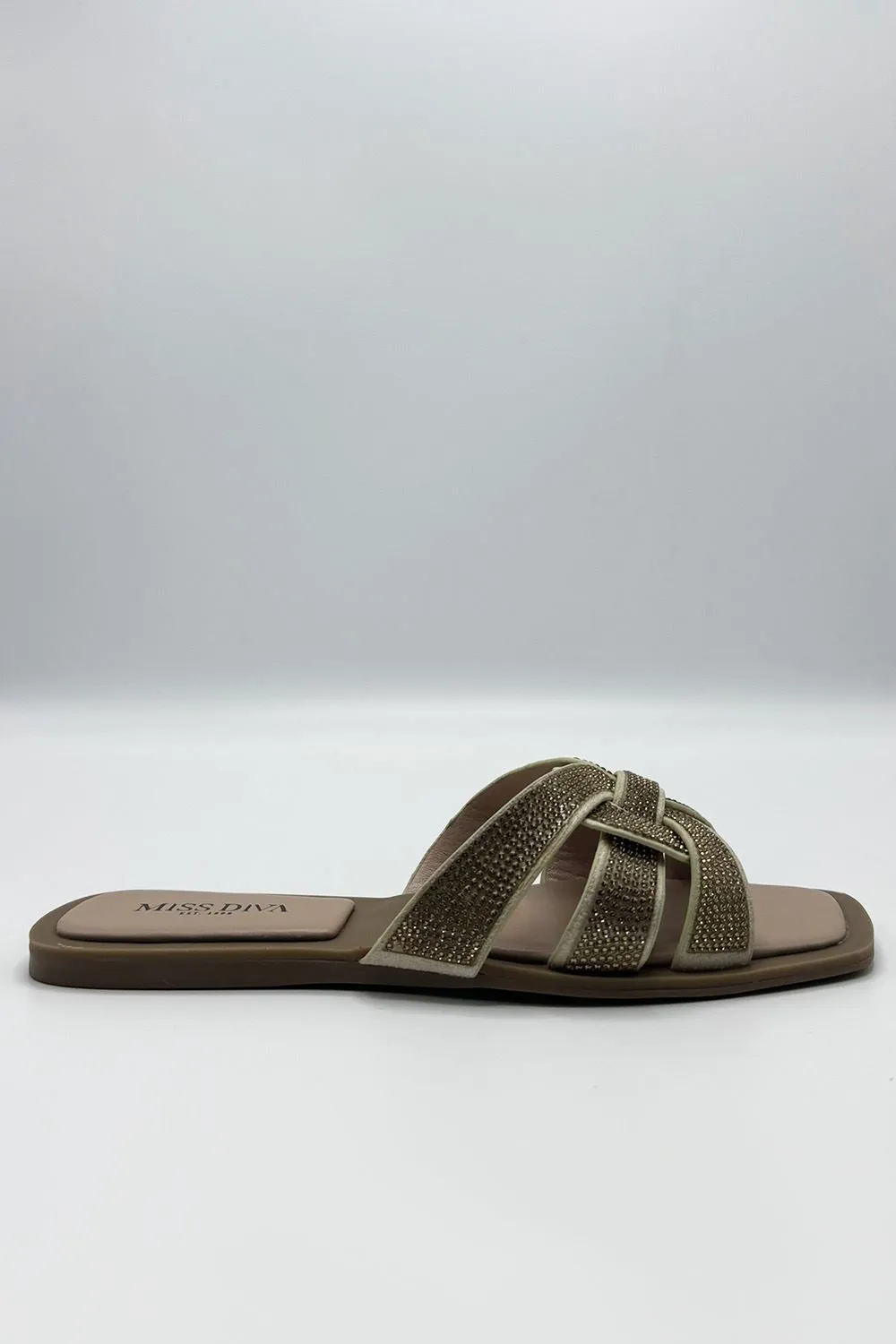 Izma Diamante Embellished Square-Toe Sliders in Gold
