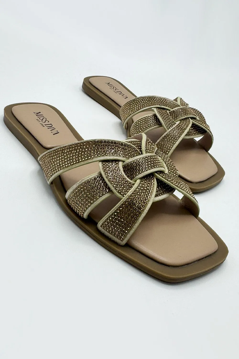 Izma Diamante Embellished Square-Toe Sliders in Gold