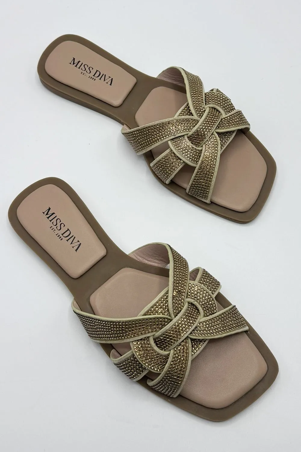 Izma Diamante Embellished Square-Toe Sliders in Gold