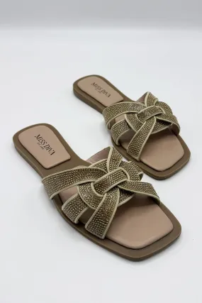 Izma Diamante Embellished Square-Toe Sliders in Gold