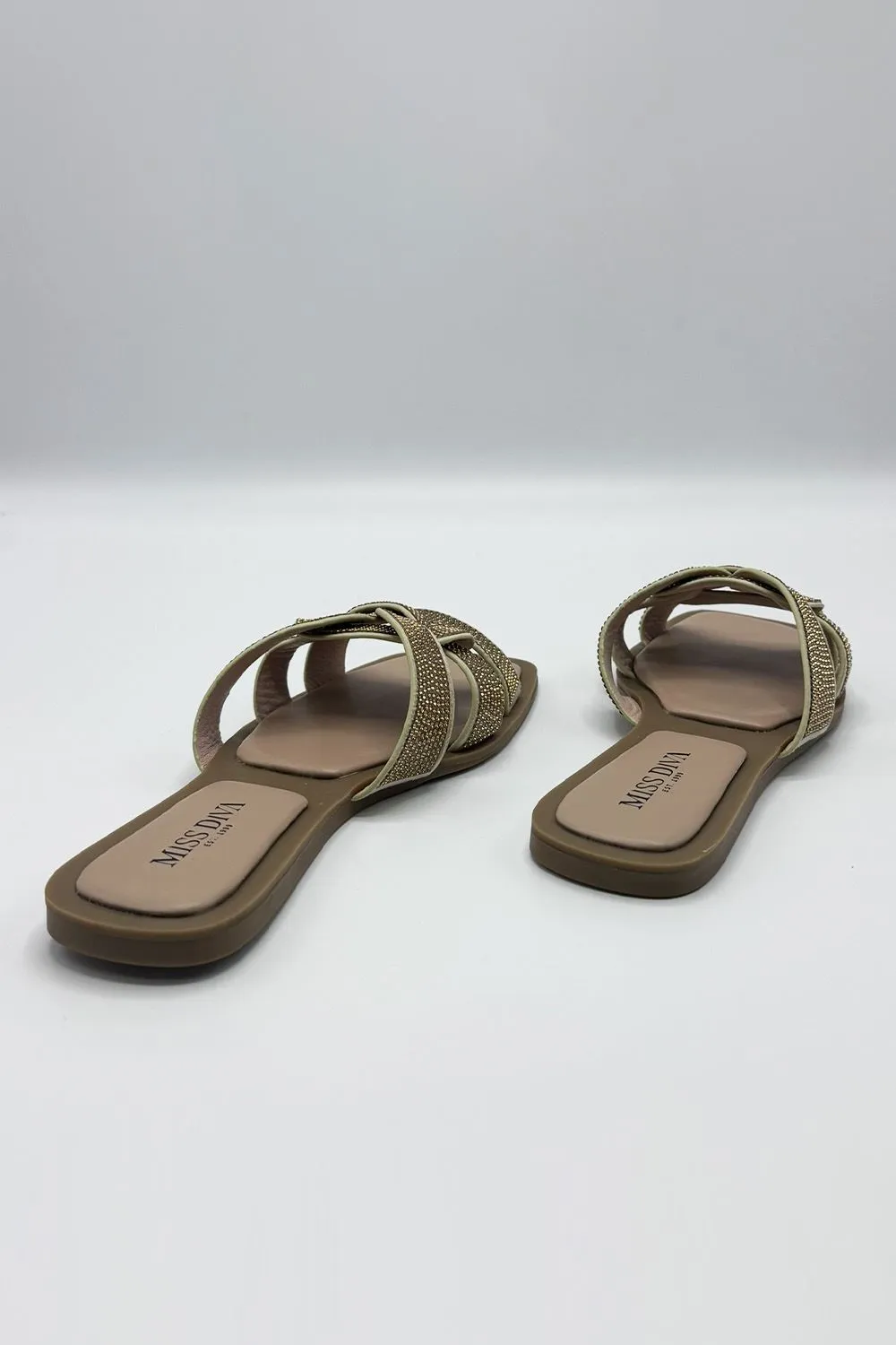 Izma Diamante Embellished Square-Toe Sliders in Gold