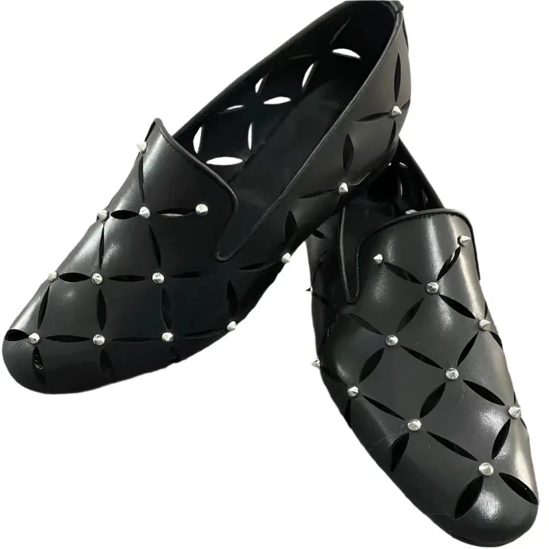 Men’s Stylish Hollow-Out Black Cowhide Loafers – Breathable Spiked Sandals for Summer Business & Casual Wear