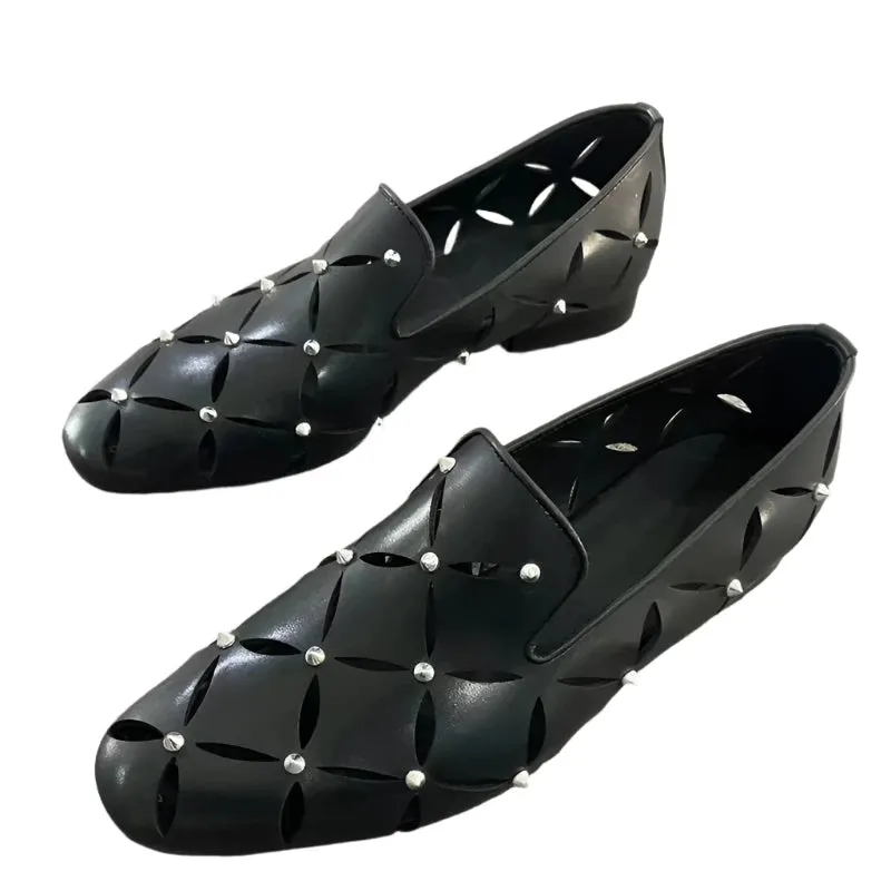 Men’s Stylish Hollow-Out Black Cowhide Loafers – Breathable Spiked Sandals for Summer Business & Casual Wear