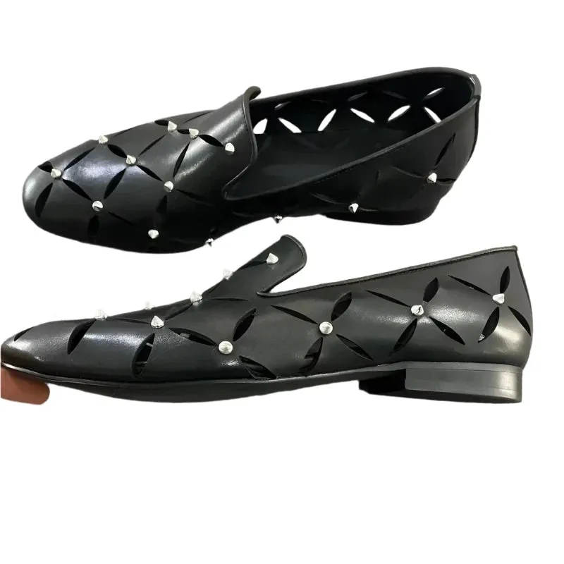 Men’s Stylish Hollow-Out Black Cowhide Loafers – Breathable Spiked Sandals for Summer Business & Casual Wear