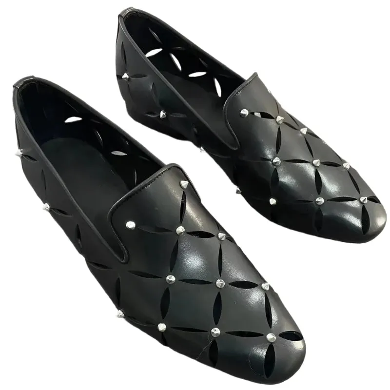 Men’s Stylish Hollow-Out Black Cowhide Loafers – Breathable Spiked Sandals for Summer Business & Casual Wear