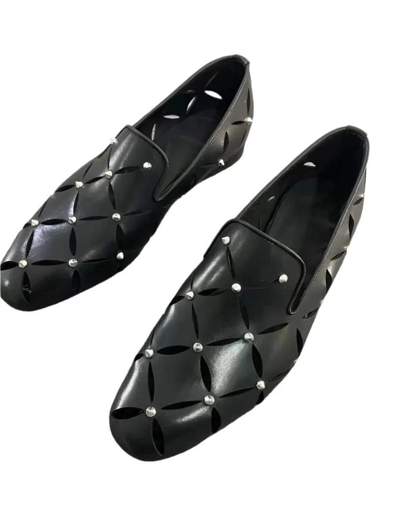 Men’s Stylish Hollow-Out Black Cowhide Loafers – Breathable Spiked Sandals for Summer Business & Casual Wear