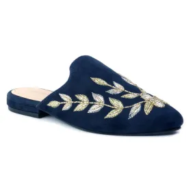 Navy Leaf Embroidered Suede Mules