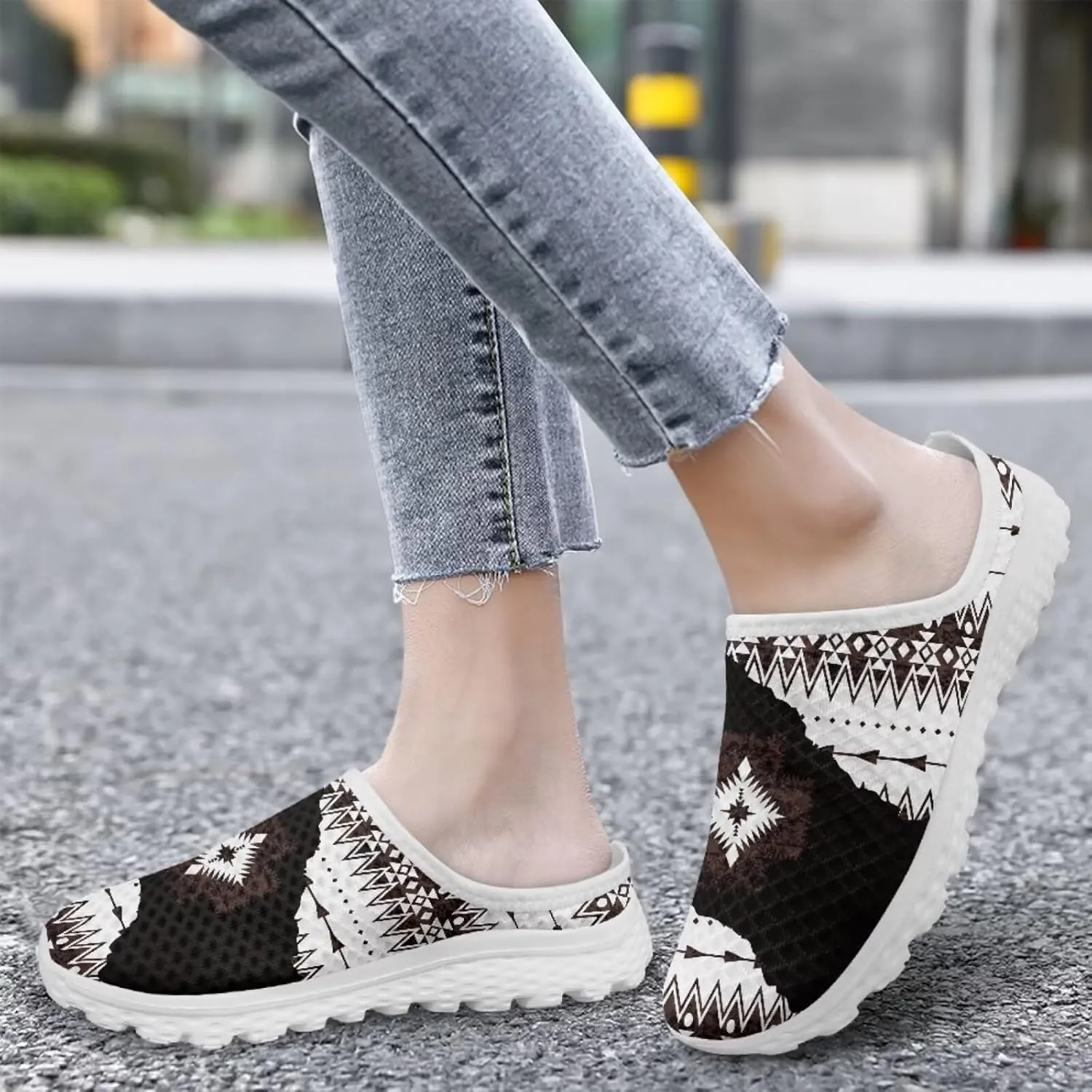 Retro Aztec Tribal Womens Walking Mules Sneakers Stylish Memory Foam Barefoot Slip On Teacher Nursing Loafers
