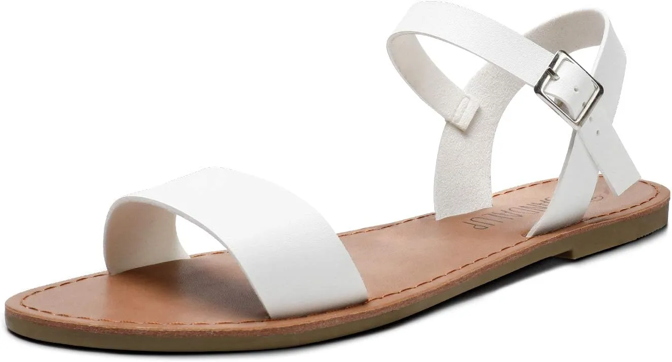 SANDALUP Womens Soft Faux Leather Open Toe and Ankle Strap Buckle Flat Sandals