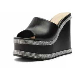 Schutz Lipa Black Cristal Womens Casual Slip On Open Toe Fashion Wedges Sandals