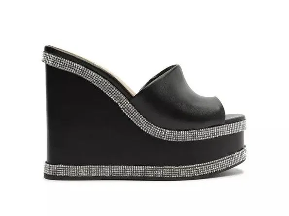 Schutz Lipa Black Cristal Womens Casual Slip On Open Toe Fashion Wedges Sandals