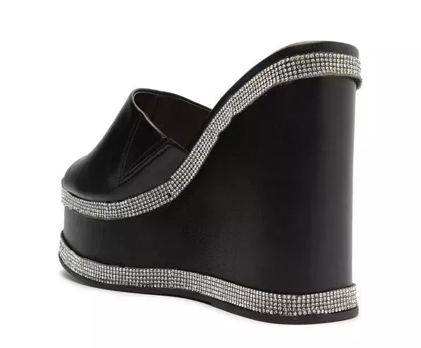 Schutz Lipa Black Cristal Womens Casual Slip On Open Toe Fashion Wedges Sandals