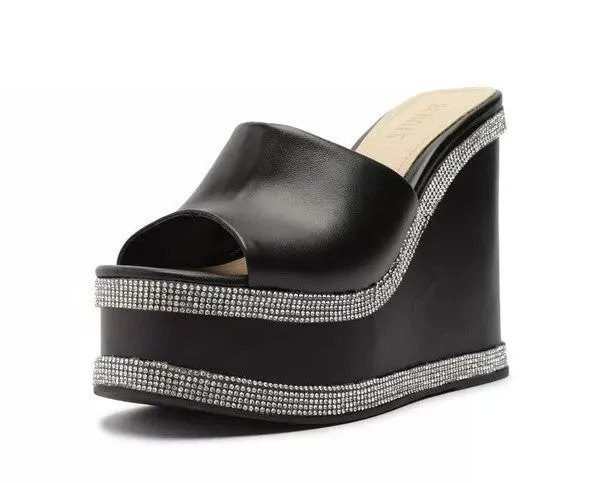 Schutz Lipa Black Cristal Womens Casual Slip On Open Toe Fashion Wedges Sandals