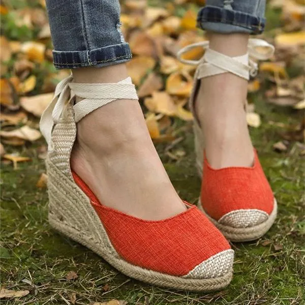 Women's ankle lace-up espadrille wedge sandals boho closed toe sandals