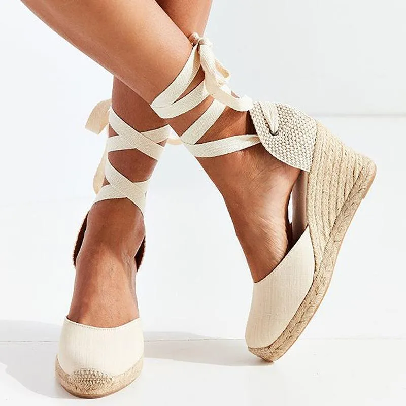 Women's ankle lace-up espadrille wedge sandals boho closed toe sandals
