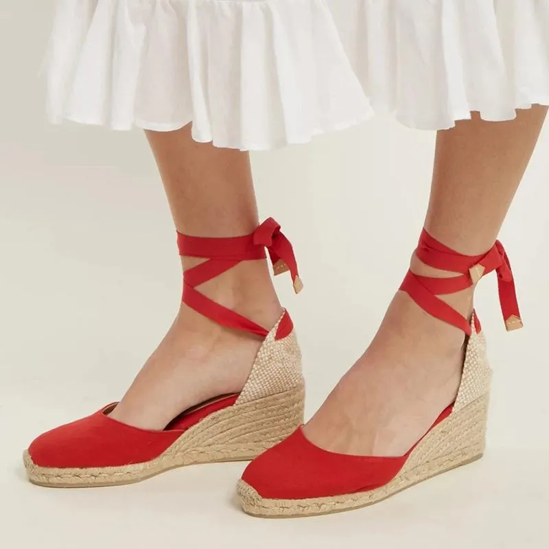 Women's ankle lace-up espadrille wedge sandals boho closed toe sandals