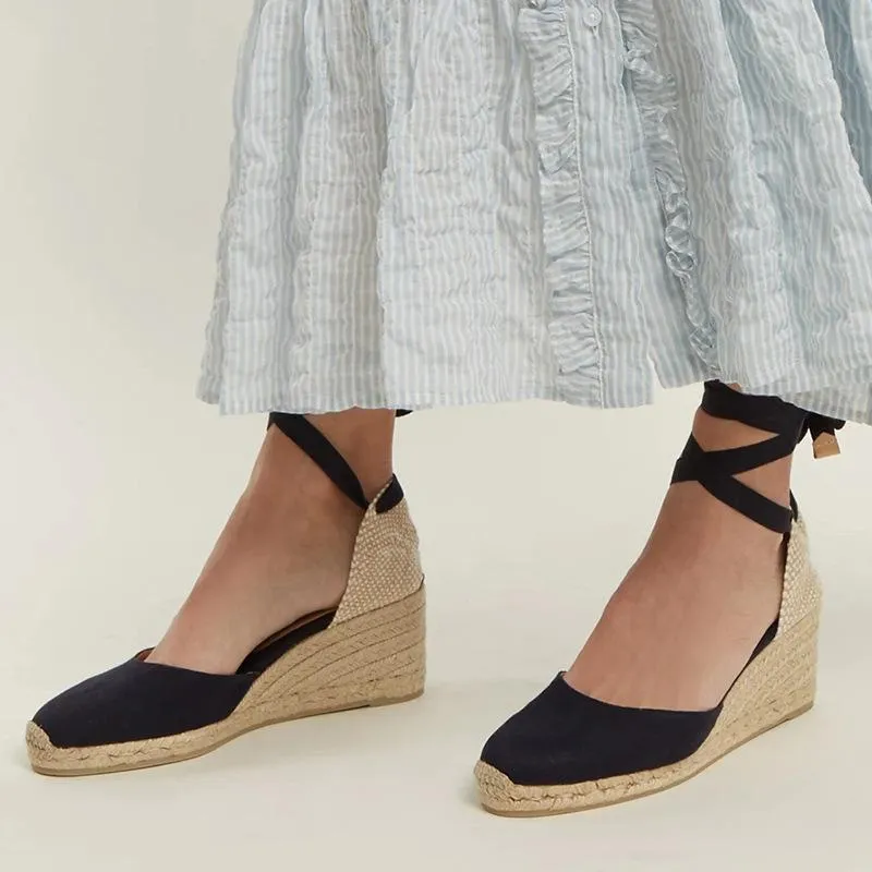 Women's ankle lace-up espadrille wedge sandals boho closed toe sandals