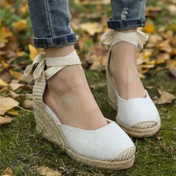Women's ankle lace-up espadrille wedge sandals boho closed toe sandals